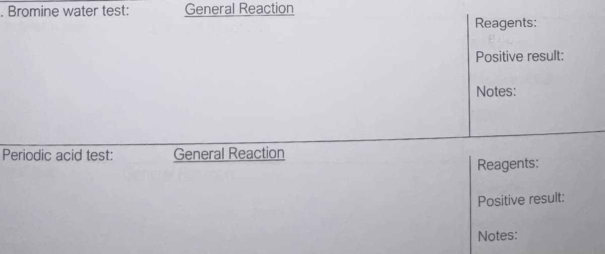 . Bromine water test:
General Reaction
Reagents:
Positive result:
Notes:
Periodic acid test:
General Reaction
Reagents:
Positive result:
Notes:
