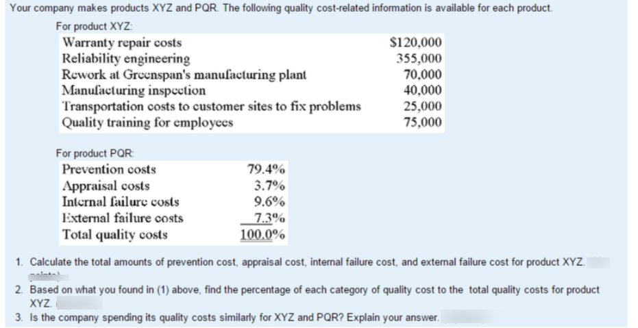 Your company makes products XYZ and PQR. The following quality cost-related information is available for each product.
For product XYZ:
Warranty repair costs
Reliability engineering
Rework at Greenspan's manufacturing plant
Manufaeturing inspeetion
Transportation costs to customer sites to fix problems
Quality training for employees
$120,000
355,000
70,000
40,000
25,000
75,000
For product PQR:
Prevention costs
79.4%
Appraisal costs
Internal failurc costs
3.7%
9.6%
External failure costs
7.3%
Total quality costs
100.0%
1. Calculate the total amounts of prevention cost, appraisal cost, internal failure cost, and external failure cost for product XYZ.
2. Based on what you found in (1) above, find the percentage of each category of quality cost to the total quality costs for product
XYZ
3. Is the company spending its quality costs similarly for XYZ and PQR? Explain your answer.
