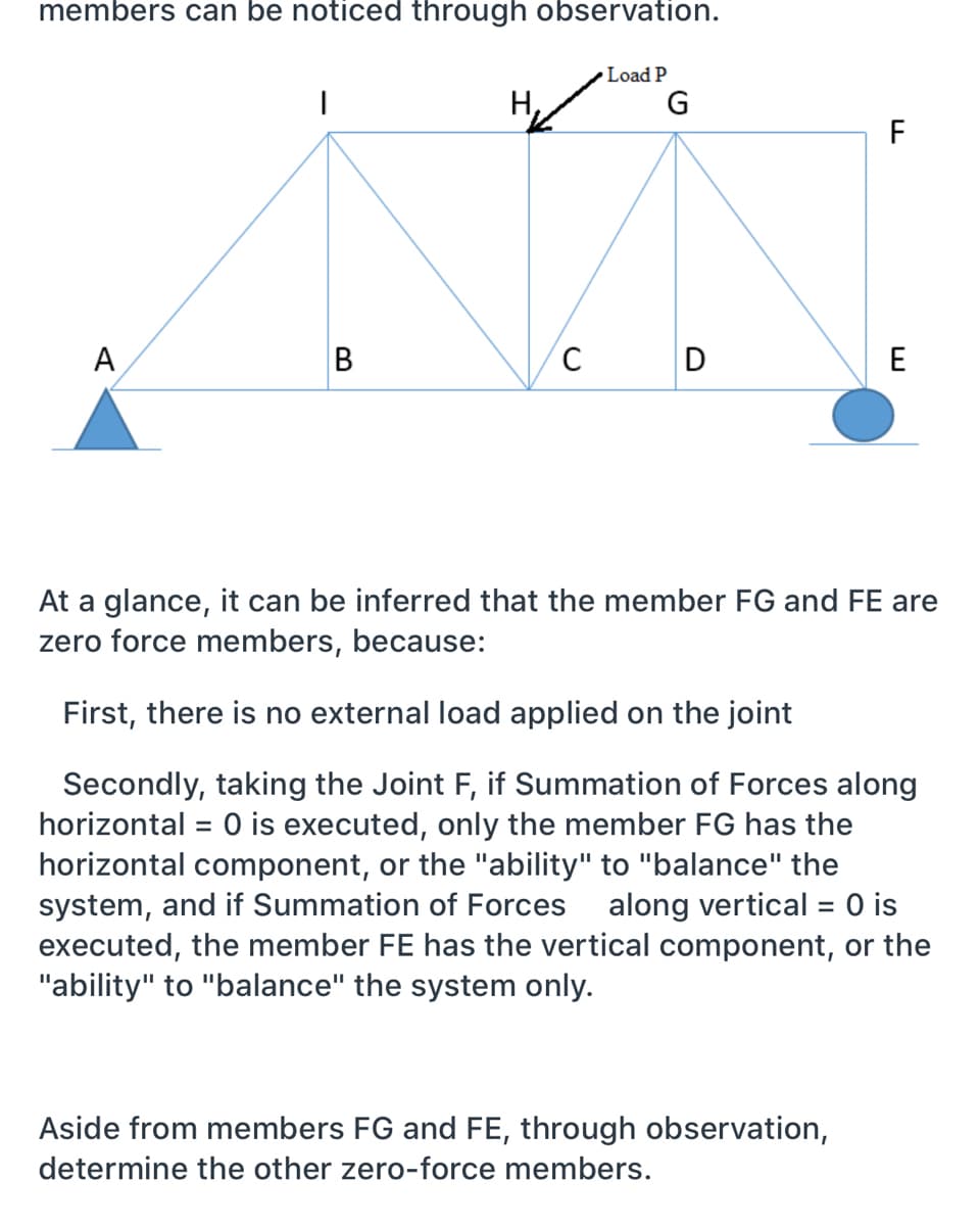 members can be noticed through observation.
Load P
H,
G
F
A
B
C
D
E
At a glance, it can be inferred that the member FG and FE are
zero force members, because:
First, there is no external load applied on the joint
Secondly, taking the Joint F, if Summation of Forces along
horizontal = 0 is executed, only the member FG has the
horizontal component, or the "ability" to "balance" the
system, and if Summation of Forces
executed, the member FE has the vertical component, or the
"ability" to "balance" the system only.
along vertical = 0 is
Aside from members FG and FE, through observation,
determine the other zero-force members.
