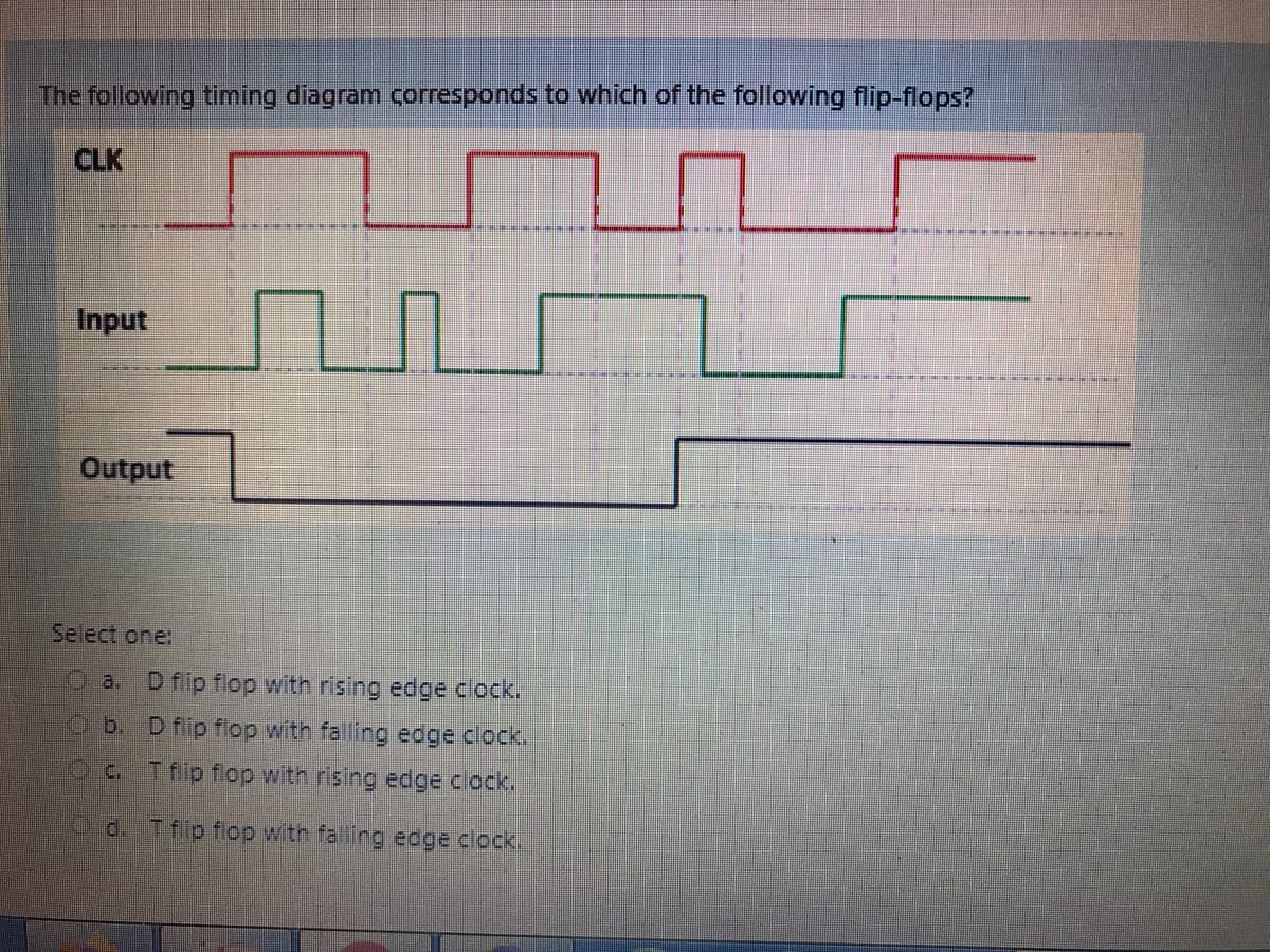 The following timing diagram corresponds to which of the following flip-flops?
CLK
Input
Output
Select one:
O a. D flip flop with rising edge clock.
Ob. D flip flop with falling edge clock.
Oc. Tfip flop with rising edge clock.
Od. Tfip flop with falling edge clock.
