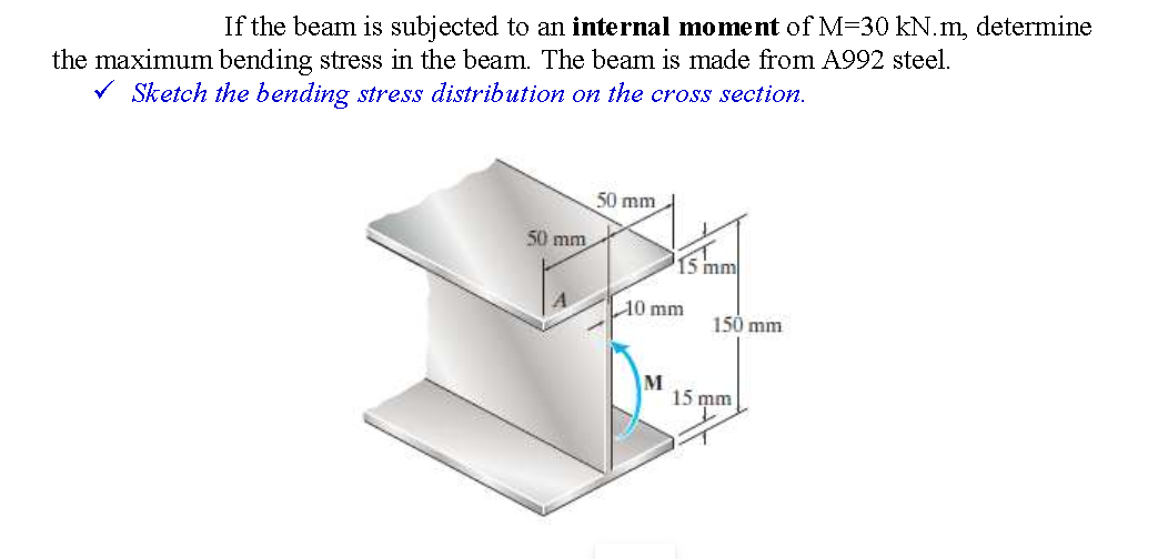 If the beam is subjected to an internal moment of M=30 kN.m, determine
the maximum bending stress in the beam. The beam is made from A992 steel.
V Sketch the bending stress distribution on the cross section.
50 mm
50 mm
15 mm
10 mm
150 mm
M
15 mm
