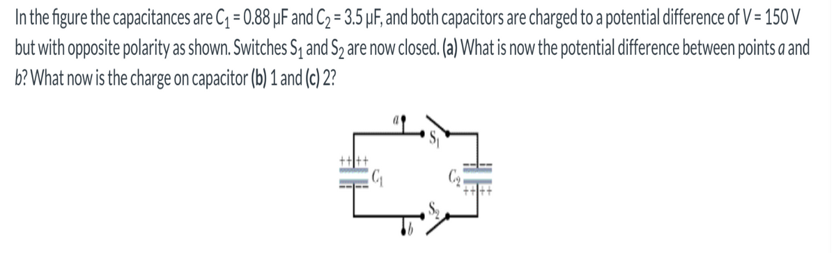 In the figure the capacitances are C₁ = 0.88 µF and C₂ = 3.5 µF, and both capacitors are charged to a potential difference of V = 150 V
but with opposite polarity as shown. Switches S₁ and S₂ are now closed. (a) What is now the potential difference between points a and
b? What now is the charge on capacitor (b) 1 and (c) 2?
G₁₂₁
C₂