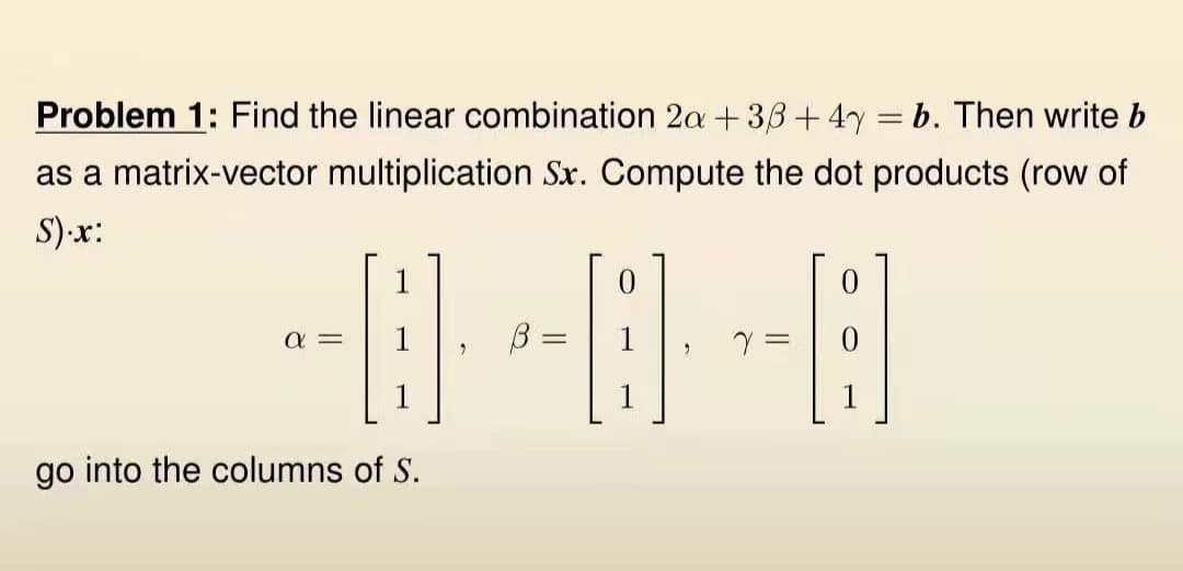 Problem 1: Find the linear combination 2a +36 + 4y = b. Then write b
-
as a matrix-vector multiplication Sx. Compute the dot products (row of
S).x:
-8-8-8
=
a =
1
go into the columns of S.
=
0
