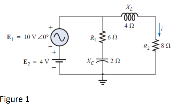 Εγ = 10 V <0°
E, = 4 V
–—–
Figure 1
+
I
R₁
Xc²
Μ
HI
6Ω
2 Ω
XL
voo
4Ω
R2
Μ
8 Ω