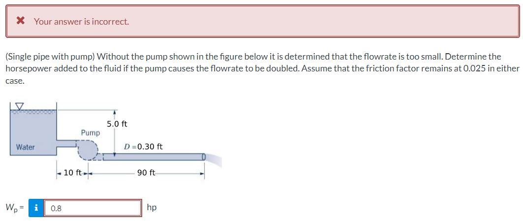 X Your answer is incorrect.
(Single pipe with pump) Without the pump shown in the figure below it is determined that the flowrate is too small. Determine the
horsepower added to the fluid if the pump causes the flowrate to be doubled. Assume that the friction factor remains at 0.025 in either
case.
5.0 ft
Pump
Water
D =0.30 ft
10 ft-
90 ft
W, =
i
0.8
hp
