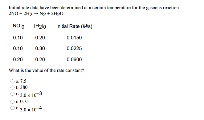 Initial rate data have been determined at a certain temperature for the gaseous reaction
2NO+2H2 → N2 + 2H2O
[NO]O [H₂]0
Initial Rate (M/s)
0.10
0.20
0.0150
0.10
0.30
0.0225
0.20
0.20
0.0600
What is the value of the rate constant?
a. 7.5
b. 380
C-3.0 × 10-3
d. 0.75
e.
².3.0 x 10-4