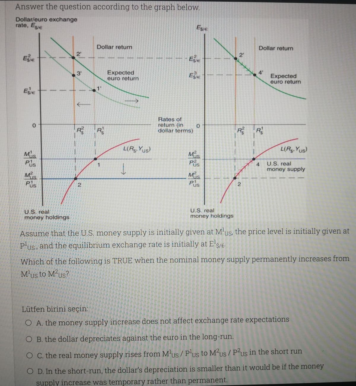 Answer the question according to the graph below.
Dollar/euro exchange
rate, Ee
Ese
Dollar return
Dollar return
2'
2'
4'
Expected
euro return
Expected
euro return
Ege
3'
1'
Ese
Rates of
return (in
dollar terms)
R R
L(Rg. Yus)
L(Rg. Yus)
Mus
Pis
Mis
Pis
4.
U.S. real
money supply
Mus
Mus
Pus
P1
US
U.S. real
money holdings
U.S. real
money holdings
Assume that the U.S. money supply is initially given at M'us, the price level is initially given at
PUs, and the equilibrium exchange rate is initially at E's/e.
Which of the following is TRUE when the nominal money supply permanently increases from
Mus to M²us?
Lütfen birini seçin:
O A. the money supply increase does not affect exchange rate expectations
O B. the dollar depreciates against the euro in the long-run.
O C. the real money supply rises from M'us / P'us to M²us / P²us in the short run
O D. In the short-run, the dollar's depreciation is smaller than it would be if the money
supply increase was temporary rather than permanent.
