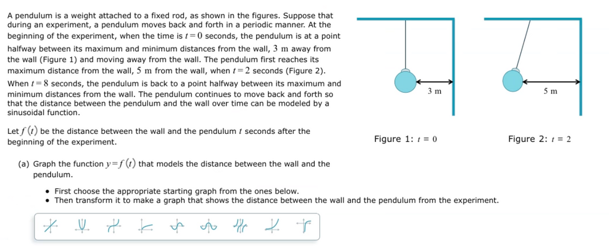 A pendulum is a weight attached to a fixed rod, as shown in the figures. Suppose that
during an experiment, a pendulum moves back and forth in a periodic manner. At the
beginning of the experiment, when the time is t=0 seconds, the pendulum is at a point
halfway between its maximum and minimum distances from the wall, 3 m away from
the wall (Figure 1) and moving away from the wall. The pendulum first reaches its
maximum distance from the wall, 5 m from the wall, when t=2 seconds (Figure 2).
When t = 8 seconds, the pendulum is back to a point halfway between its maximum and
minimum distances from the wall. The pendulum continues to move back and forth so
that the distance between the pendulum and the wall over time can be modeled by a
sinusoidal function.
Let f(t) be the distance between the wall and the pendulum t seconds after the
beginning of the experiment.
(a) Graph the function y=f(t) that models the distance between the wall and the
pendulum.
y j
3 m
• First choose the appropriate starting graph from the ones below.
• Then transform it to make a graph that shows the distance between the wall and the pendulum from the experiment.
*
k फे
A Hp
+ +
Figure 1: t = 0
5 m
Figure 2: t = 2