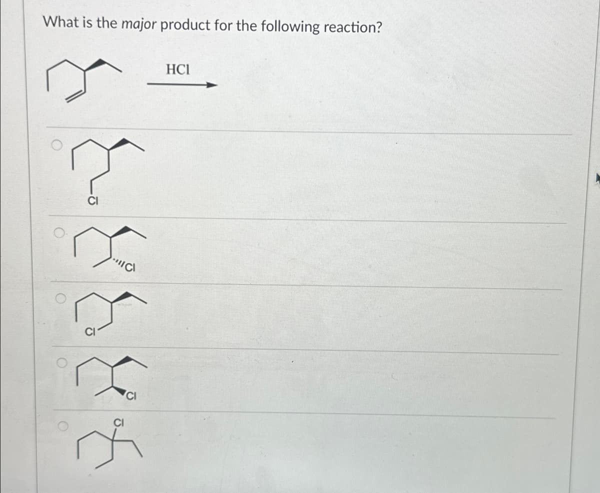 What is the major product for the following reaction?
"IC
ņ
CI
HCI