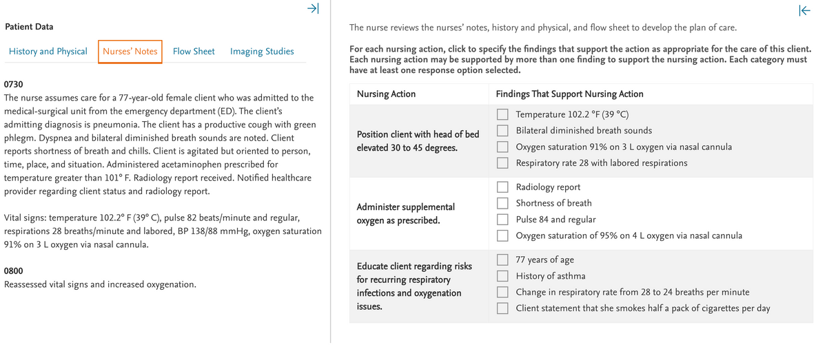 Patient Data
History and Physical Nurses' Notes Flow Sheet
Imaging Studies
不
0730
The nurse assumes care for a 77-year-old female client who was admitted to the
medical-surgical unit from the emergency department (ED). The client's
admitting diagnosis is pneumonia. The client has a productive cough with green
phlegm. Dyspnea and bilateral diminished breath sounds are noted. Client
reports shortness of breath and chills. Client is agitated but oriented to person,
time, place, and situation. Administered acetaminophen prescribed for
temperature greater than 101° F. Radiology report received. Notified healthcare
provider regarding client status and radiology report.
0800
Reassessed vital signs and increased oxygenation.
Vital signs: temperature 102.2° F (39° C), pulse 82 beats/minute and regular,
respirations 28 breaths/minute and labored, BP 138/88 mmHg, oxygen saturation
91% on 3 L oxygen via nasal cannula.
The nurse reviews the nurses' notes, history and physical, and flow sheet to develop the plan of care.
For each nursing action, click to specify the findings that support the action as appropriate for the care of this client.
Each nursing action may be supported by more than one finding to support the nursing action. Each category must
have at least one response option selected.
Nursing Action
Position client with head of bed
elevated 30 to 45 degrees.
Administer supplemental
oxygen as prescribed.
Educate client regarding risks
for recurring respiratory
infections and oxygenation
issues.
Findings That Support Nursing Action
Temperature 102.2 °F (39 °C)
Bilateral diminished breath sounds
Oxygen saturation 91% on 3 L oxygen via nasal cannula
Respiratory rate 28 with labored respirations
Radiology report
Shortness of breath
Pulse 84 and regular
Oxygen saturation of 95% on 4 L oxygen via nasal cannula
77 years of age
History of asthma
K
Change in respiratory rate from 28 to 24 breaths per minute
Client statement that she smokes half a pack of cigarettes per day