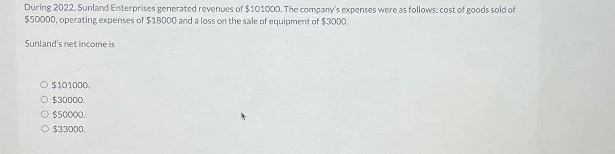 During 2022, Sunland Enterprises generated revenues of $101000. The company's expenses were as follows: cost of goods sold of
$50000, operating expenses of $18000 and a loss on the sale of equipment of $3000.
Sunland's net income is
O $101000.
O $30000.
O $50000.
O $33000.