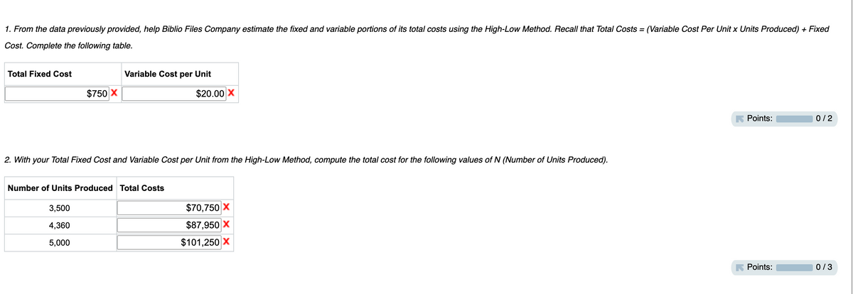 1. From the data previously provided, help Biblio Files Company estimate the fixed and variable portions of its total costs using the High-Low Method. Recall that Total Costs = (Variable Cost Per Unit x Units Produced) + Fixed
Cost. Complete the following table.
Total Fixed Cost
Variable Cost per Unit
$750 X
$20.00 X
Points:
0/2
2. With your Total Fixed Cost and Variable Cost per Unit from the High-Low Method, compute the total cost for the following values of N (Number of Units Produced).
Number of Units Produced Total Costs
3,500
$70,750 X
4,360
$87,950 X
5,000
$101,250 X
K Points:
0/3
