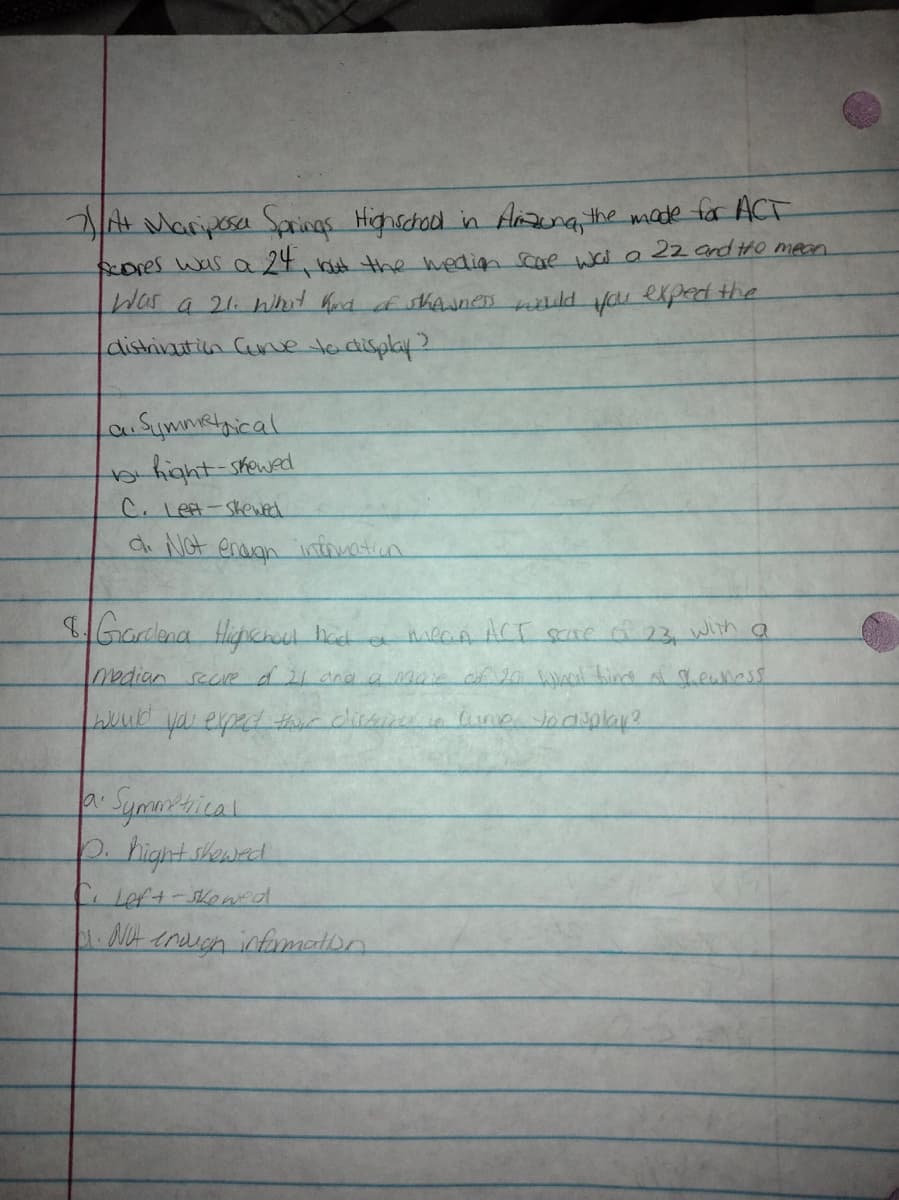 /4 Maripesa Spaings Highschod in Aizena, the made for ACT
fcores was a 24, but the wedion scre wai a 22 and tHo men
Was a 21. Whit had f sthAunes ild yau exped the
distrivatin Cunve ladisplay?
hight-skewed
C. leA-shewed
di Not eragn ininuation
Garlana Hipicnul bat
meanACT Scre of
23.
with
median scare d 21 andama
of 20 wnd hind af Sheuness
p. hight shewed
CLeft-Skewed
.ot endigh infomaton
