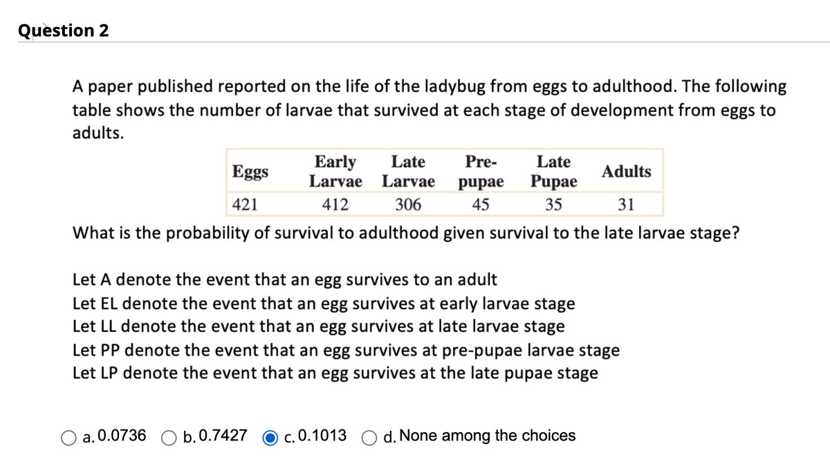 Question 2
A paper published reported on the life of the ladybug from eggs to adulthood. The following
table shows the number of larvae that survived at each stage of development from eggs to
adults.
Late
Eggs
Adults
Pupae
421
35
31
What is the probability of survival to adulthood given survival to the late larvae stage?
Early
Larvae
412
Late Pre-
Larvae pupae
45
306
Let A denote the event that an egg survives to an adult
Let EL denote the event that an egg survives at early larvae stage
Let LL denote the event that an egg survives at late larvae stage
a. 0.0736 O b. 0.7427
Let PP denote the event that an egg survives at pre-pupae larvae stage
Let LP denote the event that an egg survives at the late pupae stage
c. 0.1013 d. None among the choices