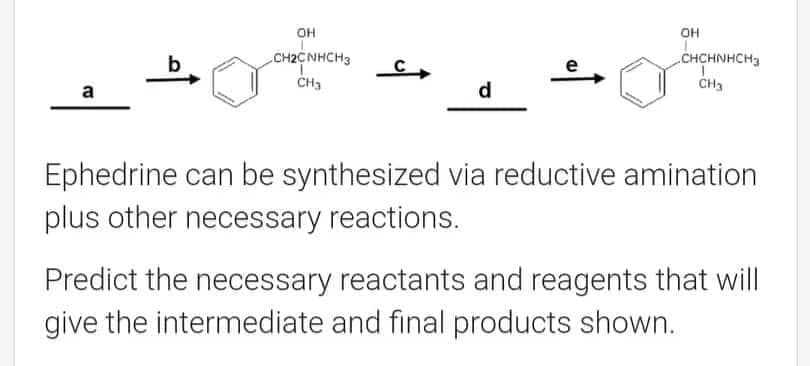 a
OH
CH2CNHCH3
T
CH3
d
OH
CHCHNHCH3
CH3
Ephedrine can be synthesized via reductive amination
plus other necessary reactions.
Predict the necessary reactants and reagents that will
give the intermediate and final products shown.