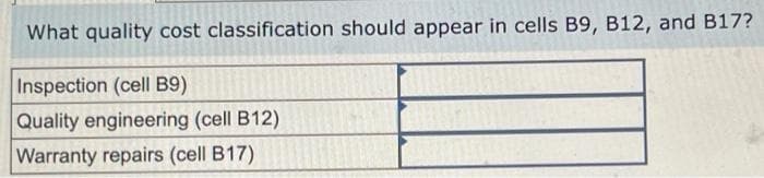 What quality cost classification should appear in cells B9, B12, and B17?
Inspection (cell B9)
Quality engineering (cell B12)
Warranty repairs (cell B17)