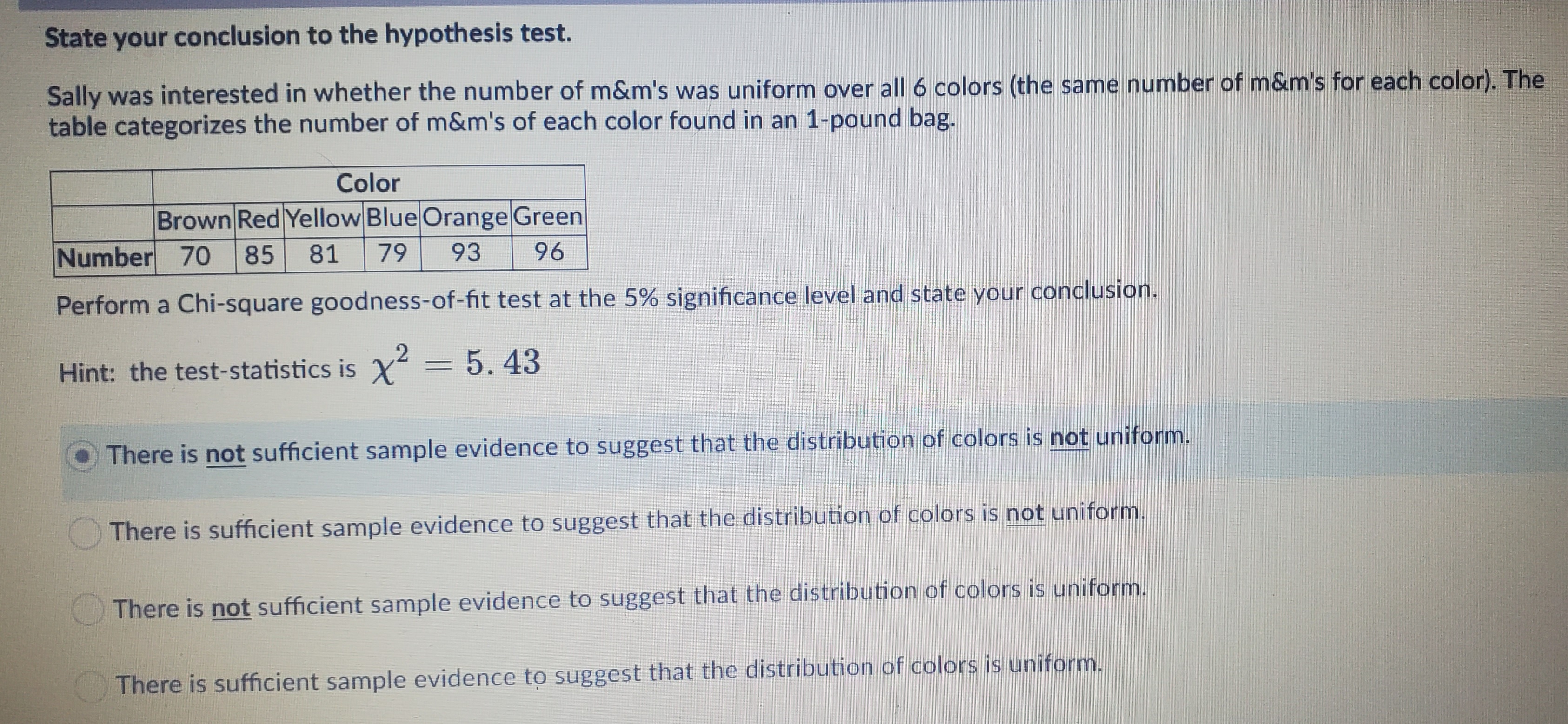 State your conclusion to the hypothesis test.
Sally was interested in whether the number of m&m's was uniform over all 6 colors (the same number of m&m's for each color). The
table categorizes the number of m&m's of each color found in an 1-pound bag.
Color
Brown Red Yellow Blue Orange Green
Number 70
85
79
93
96
Perform a Chi-square goodness-of-fit test at the 5% significance level and state your conclusion.
Hint: the test-statistics is x
=D5.43
There is not sufficient sample evidence to suggest that the distribution of colors is not uniform.
There is sufficient sample evidence to suggest that the distribution of colors is not uniform.
There is not sufficient sample evidence to suggest that the distribution of colors is uniform.
There is sufficient sample evidence to suggest that the distribution of colors is uniform.
