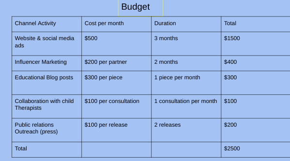 Channel Activity
Website & social media
ads
Influencer Marketing
Educational Blog posts
Collaboration with child
Therapists
Public relations
Outreach (press)
Total
Budget
Cost per month
$500
$200 per partner
$300 per piece
$100 per consultation
$100 per release
Duration
3 months
2 months
1 piece per month
1 consultation per month
2 releases
Total
$1500
$400
$300
$100
$200
$2500