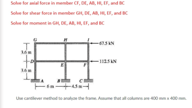 Solve for axial force in member CF, DE, AB, HI, EF, and BC
Solve for shear force in member GH, DE, AB, HI, EF, and BC
Solve for moment in GH, DE, AB, HI, EF, and BC
-67.5 kN
3.6 m
D
- 112.5 kN
E
3.6 m
B
4.5m
CE
6 m
Use cantilever method to analyze the frame. Assume that all columns are 400 mm x 400 mm.
