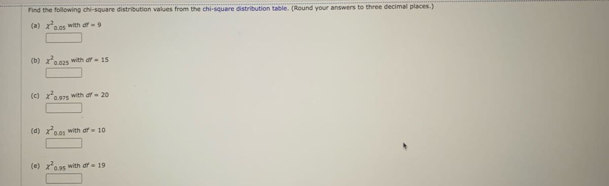 Find the following chi-square distribution values from the chi-square distribution table. (Round your answers to three decimal places.)
(a) x²0.05 with df = 9
X
(b) x²0.025 with df = 15
(c)
0.975
with df = 20
(d) x²0.01 with df = 10
(e) x² 0.95 with df = 19