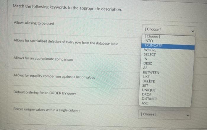 Match the following keywords to the appropriate description.
Allows aliasing to be used
Allows for specialized deletion of every row from the database table
Allows for an approximate comparison
Allows for equality comparison against a list of values
Default ordering for an ORDER BY query
Forces unique values within a single column
[Choose]
[Choose]
INTO
TRUNCATE
WHERE
SELECT
IN
DESC
AS
BETWEEN
LIKE
DELETE
SET
UNIQUE
DROP
DISTINCT
ASC
[Choose]