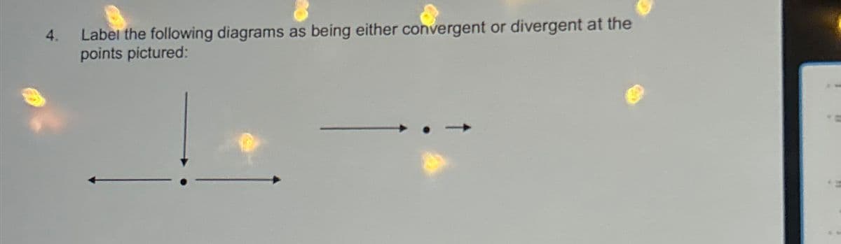 4.
Label the following diagrams as being either convergent or divergent at the
points pictured: