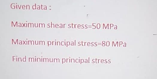 Given data:
Maximum shear stress350 MPa
Maximum principal stress=80 MPa
Find minimum principal stress

