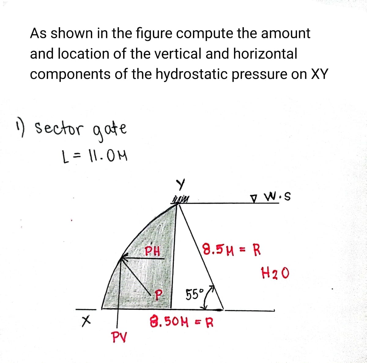 As shown in the figure compute the amount
and location of the vertical and horizontal
components of the hydrostatic pressure on XY
1) sector gate
L = 11.0M
|×
PV
PH
Y
8.5M = R
55°
VW.S
P
8.50M = R
H₂O