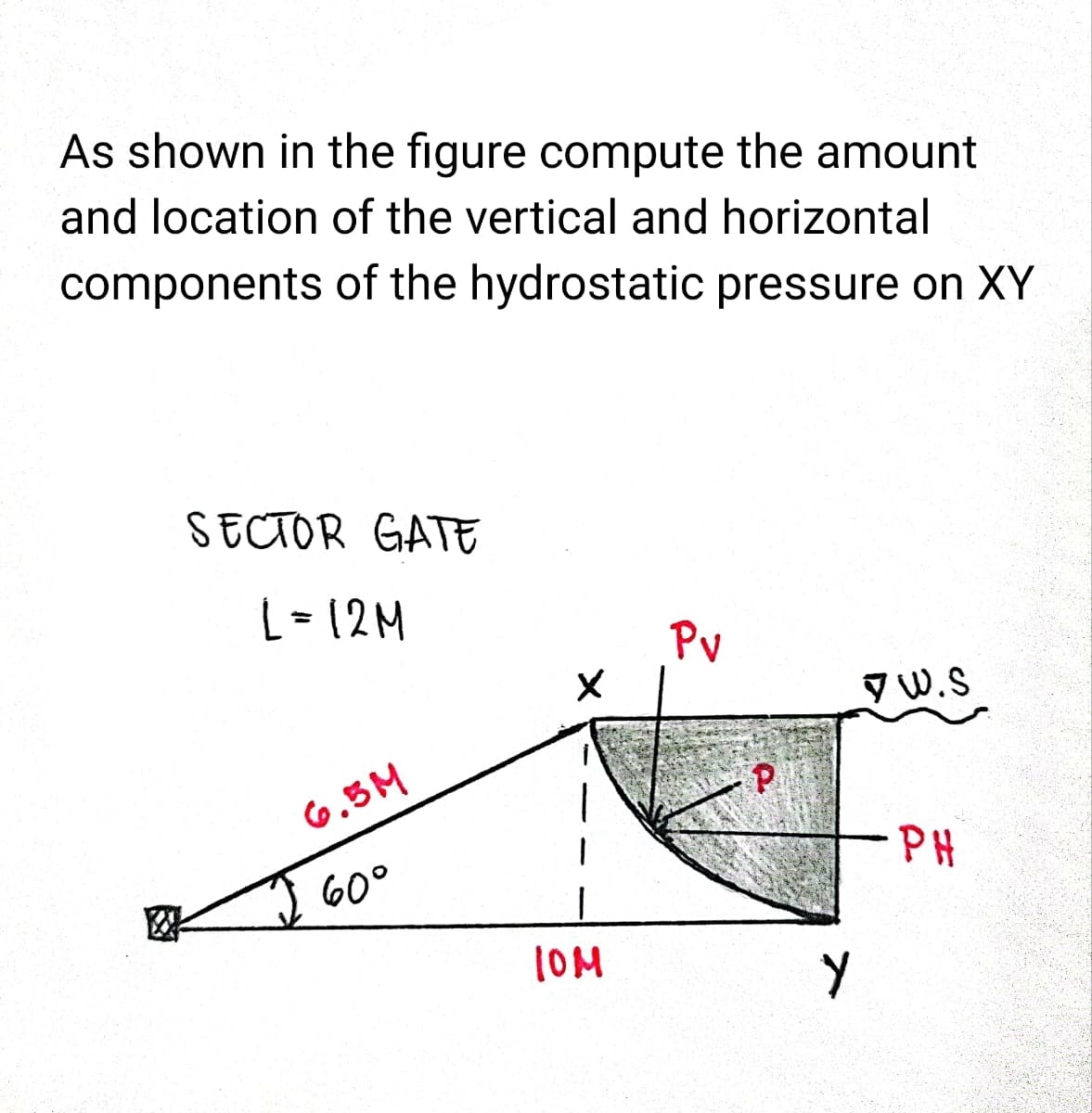 As shown in the figure compute the amount
and location of the vertical and horizontal
components
of the hydrostatic pressure on XY
SECTOR GATE
L=12M
6.5M
I 60°
10M
Pv
P
Y
W.S
PH