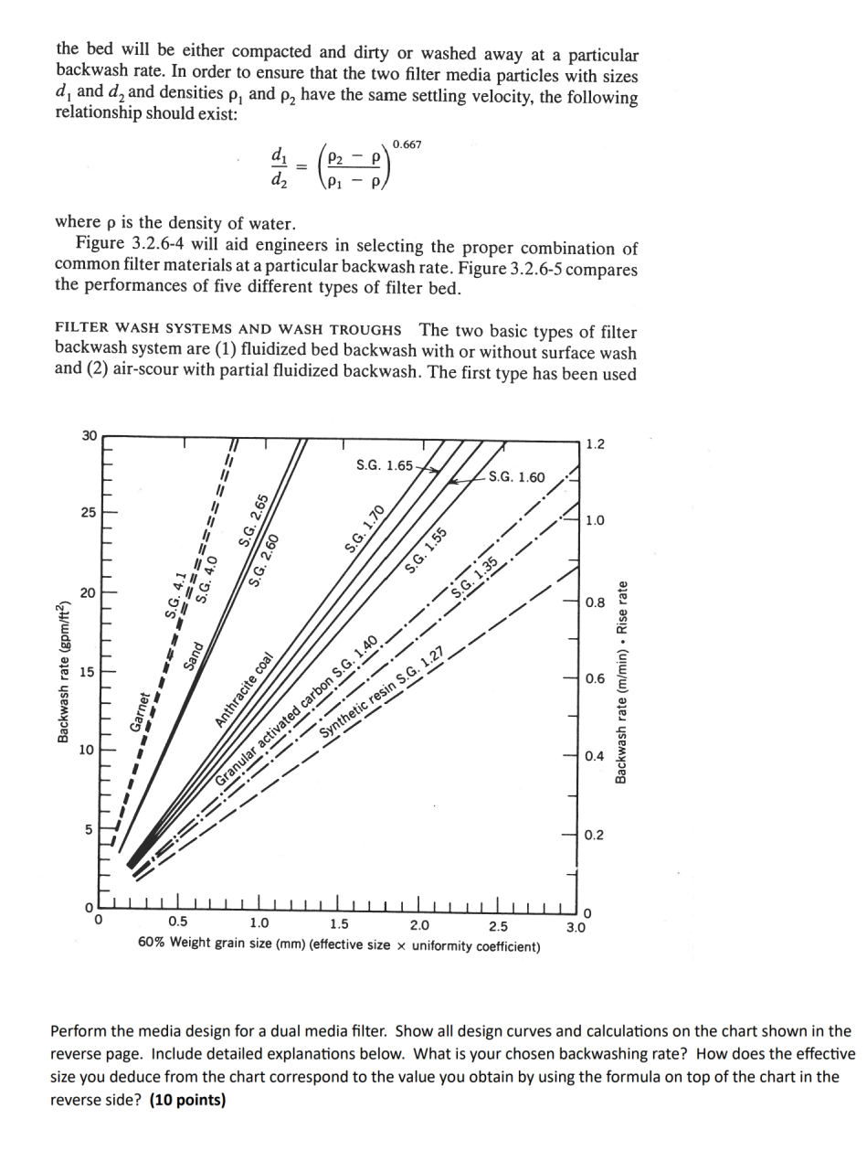 rate
(gpm/ft²)
Backwash
10
the bed will be either compacted and dirty or washed away at a particular
backwash rate. In order to ensure that the two filter media particles with sizes
d, and d, and densities p, and p, have the same settling velocity, the following
relationship should exist:"
d₁
d₂
P2
Ρ
P1
-
P/
0.667
where p is the density of water.
Figure 3.2.6-4 will aid engineers in selecting the proper combination of
common filter materials at a particular backwash rate. Figure 3.2.6-5 compares
the performances of five different types of filter bed.
FILTER WASH SYSTEMS AND WASH TROUGHS The two basic types of filter
backwash system are (1) fluidized bed backwash with or without surface wash
and (2) air-scour with partial fluidized backwash. The first type has been used
30
25
25
20
20
TITT
S.G. 1.60
1.2
S.G. 4.1
Anthracite coal
S.G. 2.65
S.G. 2.60
Synthetic resin S.G. 1.27
nular activated carbon S.G. 1.40.
S.G. 1.70
S.G. 1.55
S.G. 1.65
S.G. 1.35
0.5
1.0
1.5
2.0
60% Weight grain size (mm) (effective size x uniformity coefficient)
2.5
3.0
1.0
0.8
0.6
0.4
0.2
Backwash
rate
Rise rate
(m/min) Riser
Perform the media design for a dual media filter. Show all design curves and calculations on the chart shown in the
reverse page. Include detailed explanations below. What is your chosen backwashing rate? How does the effective
size you deduce from the chart correspond to the value you obtain by using the formula on top of the chart in the
reverse side? (10 points)