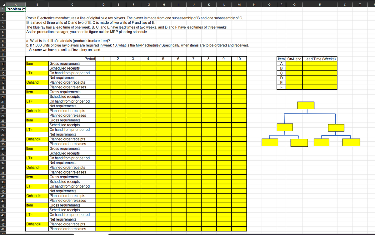 2
4
5
6
7
8
9
10
11
12
13
14
15
16
17
18
19
20
21
22
23
24
25
26
27
28
29
30
31
32
33
34
35
36
37
38
39
40
41
42
43
44
45
46
47
48
40
Problem 2:
Item
LT=
Onhand=
Item
Rockit Electronics manufactures a line of digital blue ray players. The player is made from one subassembly of B and one subassembly of C.
B is made of three units of D and two of E. C is made of two units of F and two of E.
The blue ray has a lead time of one week. B, C, and E have lead times of two weeks, and D and F have lead times of three weeks.
As the production manager, you need to figure out the MRP planning schedule.
|LT=
Onhand=
a. What is the bill of materials (product structure tree)?
b. If 1,000 units of blue ray players are required in week 10, what is the MRP schedule? Specifically, when items are to be ordered and received.
Assume we have no units of inventory on hand.
Period
Item
LT=
Onhand=
Item
|LT=
Onhand=
Item
|LT=
Onhand=
Item
|LT=
Onhand=
Gross requirements
Scheduled receipts
On hand from prior period
Net requirements
Planned order receipts
Planned order releases
Gross requirements
Scheduled receipts
On hand from prior period
D
Net requirements
Planned order receipts
Planned order releases
Gross requirements
Scheduled receipts
On hand from prior period
Net requirements
Planned order receipts
Planned order releases
Gross requirements
Scheduled receipts
On hand from prior period
Net requirements
Planned order receipts
Planned order releases
Gross requirements
Scheduled receipts
On hand from prior period
Net requirements
Planned order receipts
Planned order releases
Gross requirements
E
Scheduled receipts
On hand from prior period
Net requirements
Planned order receipts
Planned order releases
F
1
2
H
3
I
4
5
L
6
7
8
M
9
10
N
O
P
Q
R
Item On-Hand Lead Time (Weeks)
A
B
C
D
F
F
S
T