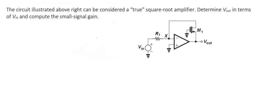 The circuit illustrated above right can be considered a "true" square-root amplifier. Determine Vout in terms
of Vin and compute the small-signal gain.
M1
R1
oVout
Vin
