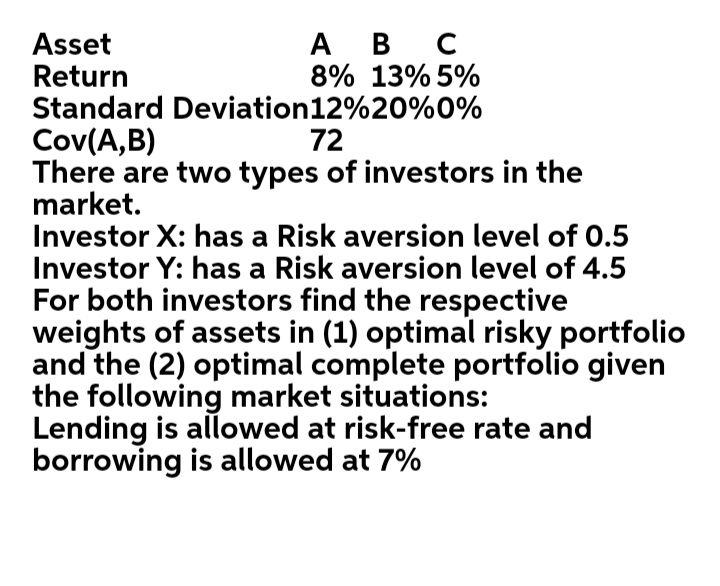 АВ С
8% 13% 5%
Asset
Return
Standard Deviation12%20%0%
Cov(A,B)
There are two types of investors in the
market.
Investor X: has a Risk aversion level of 0.5
Investor Y: has a Risk aversion level of 4.5
For both investors find the respective
weights of assets in (1) optimal risky portfolio
and the (2) optimal complete portfolio given
the following market situations:
Lending is allowed at risk-free rate and
rowing is allowed at 7%
72
