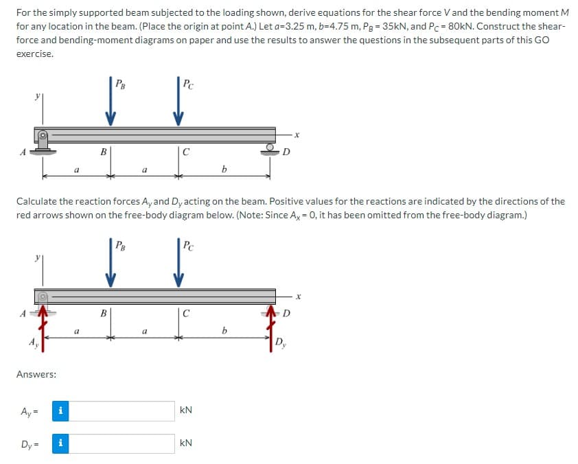 For the simply supported beam subjected to the loading shown, derive equations for the shear force V and the bending moment M
for any location in the beam. (Place the origin at point A.) Let a-3.25 m, b=4.75 m, Pg = 35kN, and Pc = 80kN. Construct the shear-
force and bending-moment diagrams on paper and use the results to answer the questions in the subsequent parts of this GO
exercise.
Answers:
Ay=
Dy =
a
M.
B
a
PB
Calculate the reaction forces Ay and Dy acting on the beam. Positive values for the reactions are indicated by the directions of the
red arrows shown on the free-body diagram below. (Note: Since Ax = 0, it has been omitted from the free-body diagram.)
PB
Pc
a
Pc
kN
b
KN
D
b
D
X
D
X