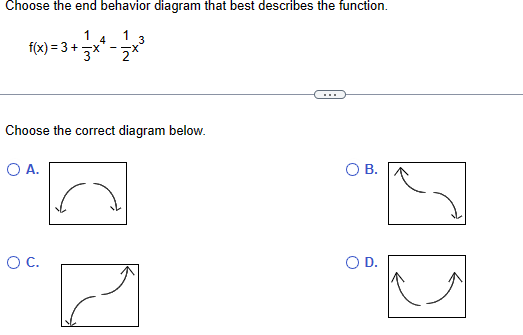 Choose the end behavior diagram that best describes the function.
1
4
f(x)=3+x+3
Choose the correct diagram below.
○ A.
ос.
О в.
○ D.