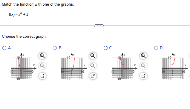 Match the function with one of the graphs.
f(x)=ex +3
Choose the correct graph.
○ A.
О в.
○ C.
Q
Q
○ D.