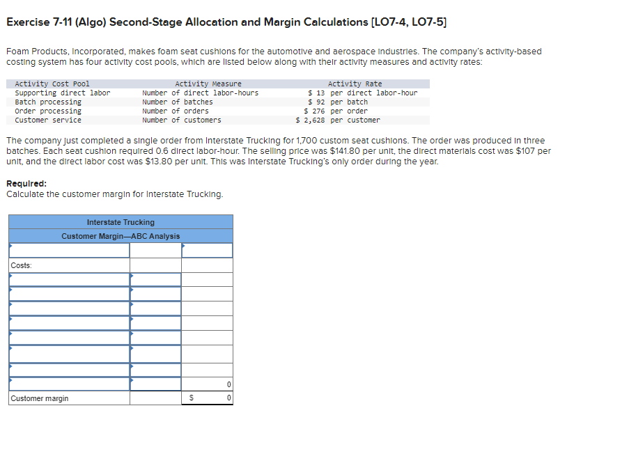 Exercise 7-11 (Algo) Second-Stage Allocation and Margin Calculations [LO7-4, LO7-5]
Foam Products, Incorporated, makes foam seat cushions for the automotive and aerospace Industries. The company's activity-based
costing system has four activity cost pools, which are listed below along with their activity measures and activity rates:
Activity Cost Pool
Supporting direct labor
Batch processing
Order processing
Customer service
Activity Measure
Number of direct labor-hours
Number of batches
Number of orders
Number of customers
The company Just completed a single order from Interstate Trucking for 1,700 custom seat cushions. The order was produced in three
batches. Each seat cushion required 0.6 direct labor-hour. The selling price was $141.80 per unit, the direct materials cost was $107 per
unit, and the direct labor cost was $13.80 per unit. This was Interstate Trucking's only order during the year.
Required:
Calculate the customer margin for Interstate Trucking.
Costs:
Interstate Trucking
Customer Margin-ABC Analysis
Customer margin
S
0
Activity Rate
$ 13 per direct labor-hour
$ 92 per batch
$ 276 per order
$ 2,628 per customer
0