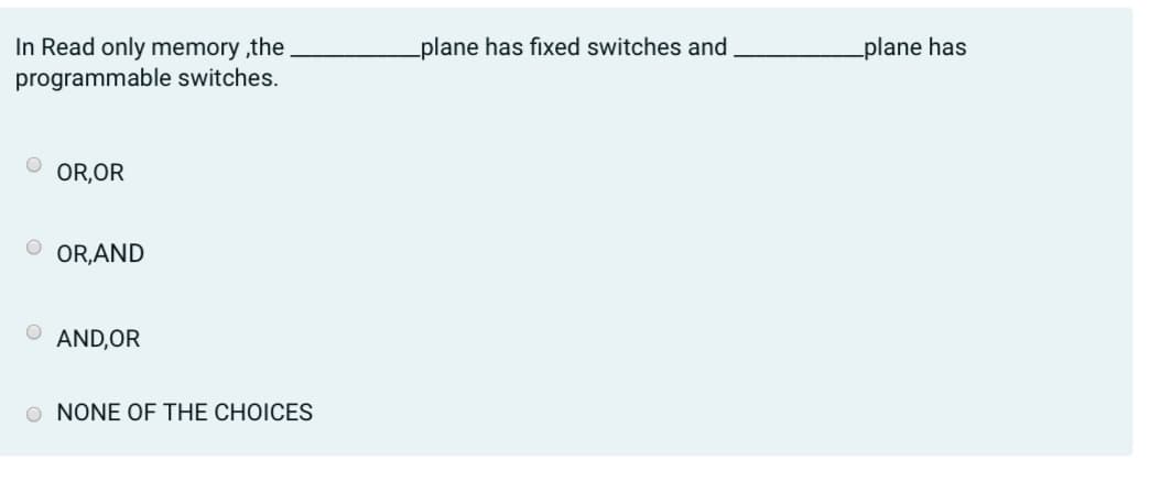 In Read only memory ,the
programmable switches.
plane has fixed switches and
plane has
OR,OR
OR,AND
AND,OR
O NONE OF THE CHOICES
