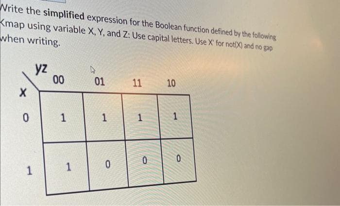 Write the simplified expression for the Boolean function defined by the following
Kmap using variable X, Y, and Z: Use capital letters. Use X' for not(X) and no gap
when writing.
X
0
1
yz
00
1
1
4
01
1
0
11
1
0
10
1
0