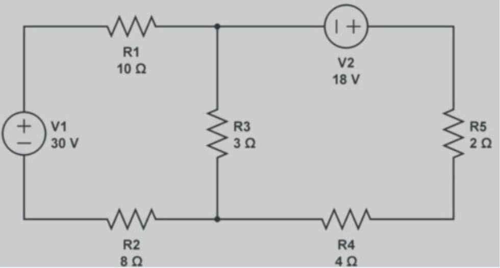 +
V1
30 V
Μ
Μ
R1
10 Ω
R2
8 Ω
R3
3Ω
Μ
1+
V2
18 V
R4
4Ω
ww
R5
2Ω