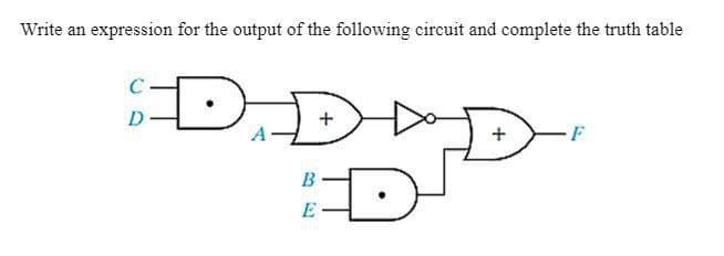 Write an expression for the output of the following circuit and complete the truth table
C
D.D
B
E
+
F