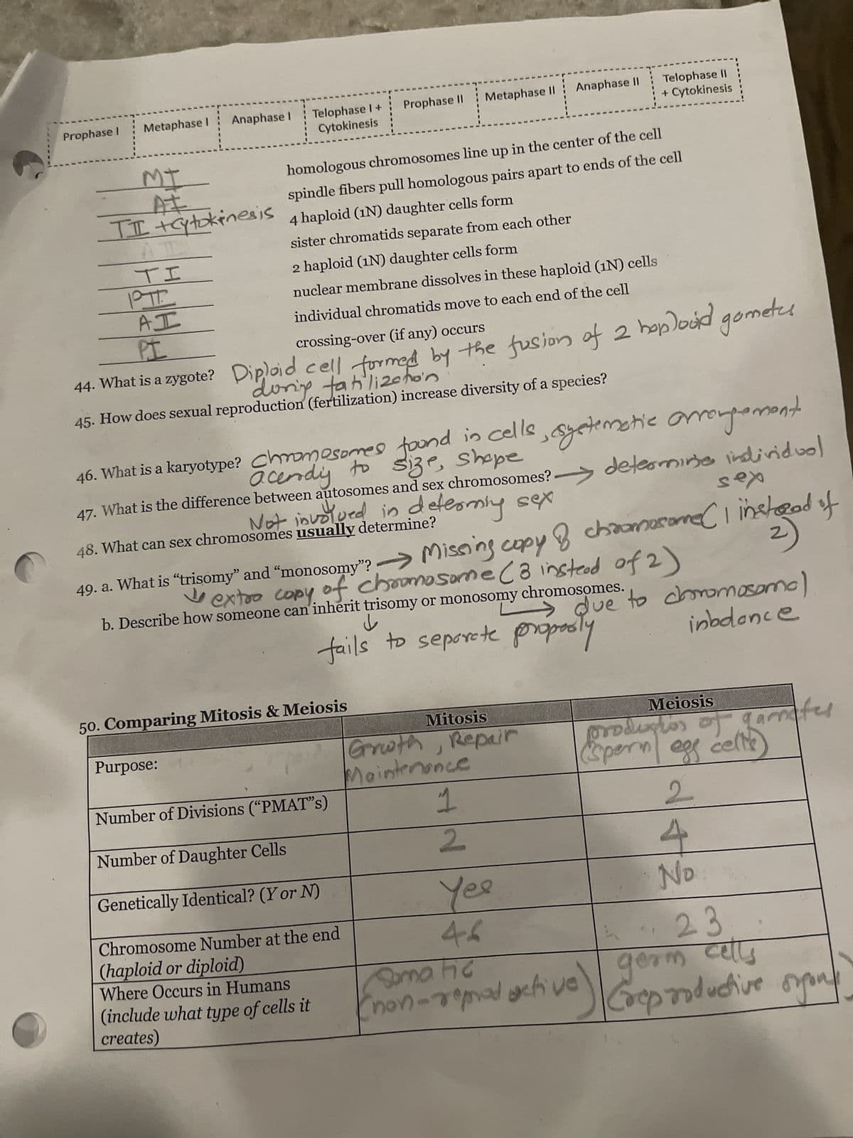 Prophase I
Metaphase I
Anaphase I
Telophase 1 +
Cytokinesis
Prophase II Metaphase II Anaphase II Telophase II
+ Cytokinesis
TI +cytokinesis
MI
AI
A:
TI
PTT
AI
PI
homologous chromosomes line up in the center of the cell
spindle fibers pull homologous pairs apart to ends of the cell
4 haploid (1N) daughter cells form
sister chromatids separate from each other
2 haploid (1N) daughter cells form
nuclear membrane dissolves in these haploid (1N) cells
individual chromatids move to each end of the cell
crossing-over (if any) occurs
44. What is a zygote? Diploid cell formed by the fusion of 2 haploid gametes
during tabilization
45. How does sexual reproduction (fertilization) increase diversity of a species?
46. What is a karyotype? Chromosomes found in cells, systematic arrangement
acendy to size, shape
47. What is the difference between autosomes and sex chromosomes?
Not involved in determing sex
48. What can sex chromosomes usually determine?
49. a. What is "trisomy" and "monosomy"?
determine individuol
sex
Missing copy of chromosome (I instead of
de extra copy of chromosome (3 instead of 2)
b. Describe how someone can inherit trisomy or monosomy chromosomes.
↓
2)
→ due to chromosomal
inbolonce
fails to separate properly
50. Comparing Mitosis & Meiosis
Purpose:
Number of Divisions ("PMAT"s)
Number of Daughter Cells
Genetically Identical? (Y or N)
Chromosome Number at the end
(haploid or diploid)
Where Occurs in Humans
(include what type of cells it
creates)
Mitosis
Groth, Repair
Maintenance
1
2
Yes
46
Somatic
non-repad gefive
Meiosis
production of gametes
(spern/ egg cells)
2
No.
23
germ cells
Creproductive yout