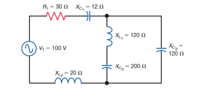 R₁ = 30 Xc₁
=
12 Ω
V₁ = 100 V
=
XL₁ 120 Ω
XL₂ = 2002
= 200 Ω
XC3
120 Ω