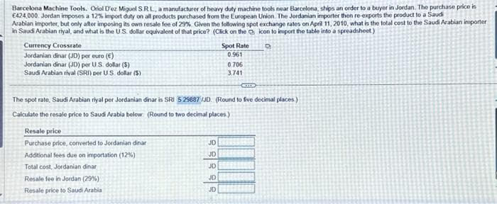 Barcelona Machine Tools. Oriol D'ez Miguel S.R.L, a manufacturer of heavy duty machine tools near Barcelona, ships an order to a buyer in Jordan. The purchase price is
€424,000. Jordan imposes a 12% import duty on all products purchased from the European Union. The Jordanian importer then re-exports the product to a Saudi
Arabian importer, but only after imposing its own resale fee of 29%. Given the following spot exchange rates on April 11, 2010, what is the total cost to the Saudi Arabian importer
in Saudi Arabian riyal, and what is the U.S. dollar equivalent of that price? (Click on the icon to import the table into a spreadsheet)
Currency Crossrate
Jordanian dinar (JD) per euro (€)
Jordanian dinar (JD) per U.S. dollar ($)
Saudi Arabian rival (SRI) per US dollar ($)
Resale price
Purchase price, converted to Jordanian dinar
Additional fees due on importation (12%)
Total cost, Jordanian dinar
CATE
The spot rate, Saudi Arabian riyal per Jordanian dinar is SRI 5 29887 /JD. (Round to five decimal places)
Calculate the resale price to Saudi Arabia below (Round to two decimal places.)
Resale fee in Jordan (29%)
Resale price to Saudi Arabia
JD
JD
Spot Rate
0.961
JD
JD
JD
0.706
3,741