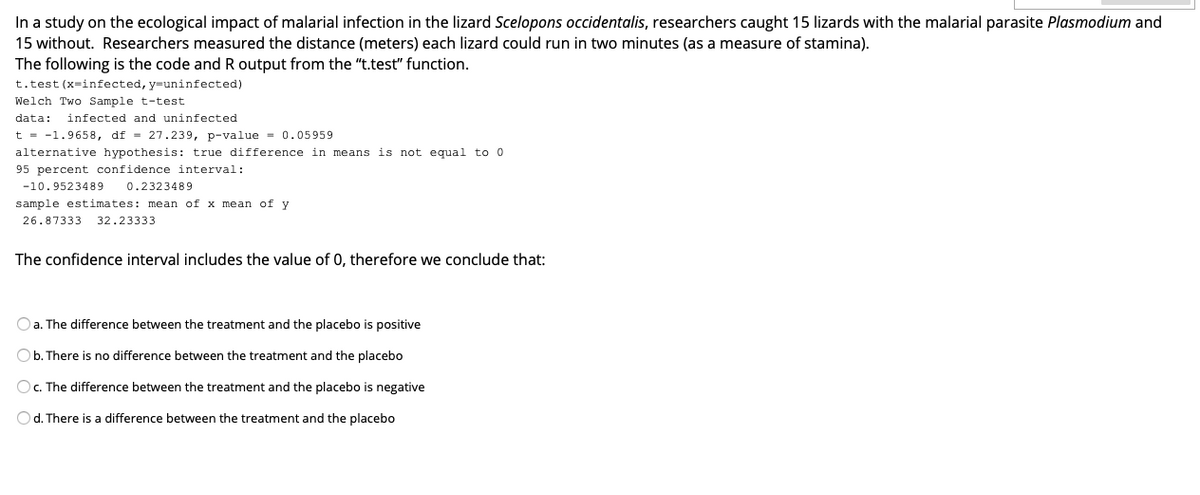 In a study on the ecological impact of malarial infection in the lizard Scelopons occidentalis, researchers caught 15 lizards with the malarial parasite Plasmodium and
15 without. Researchers measured the distance (meters) each lizard could run in two minutes (as a measure of stamina).
The following is the code and R output from the "t.test" function.
t.test (x=infected, y=uninfected)
Welch Two Sample t-test
data:
infected and uninfected
t = -1.9658, df = 27.239, p-value = 0.05959
alternative hypothesis: true difference in means is not equal to 0
95 percent confidence interval:
-10.9523489
0.2323489
sample estimates: mean of x mean of y
26.87333
32.23333
The confidence interval includes the value of 0, therefore we conclude that:
a. The difference between the treatment and the placebo is positive
b. There is no difference between the treatment and the placebo
OC. The difference between the treatment and the placebo is negative
Od. There is a difference between the treatment and the placebo
