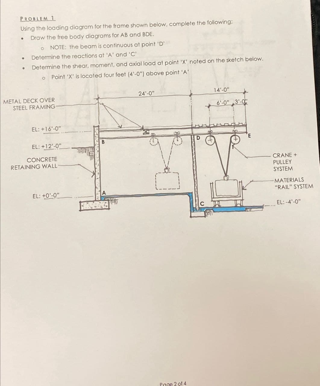 PROBLEM 1
Using the loading diagram for the frame shown below, complete the following:
Draw the free body diagrams for AB and BDE.
。 NOTE: the beam is continuous at point 'D'
• Determine the reactions at 'A' and 'C'
• Determine the shear, moment, and axial load at point 'X' noted on the sketch below.
Point 'X' is located four feet (4'-0") above point 'A'
METAL DECK OVER
STEEL FRAMING
EL: +16'-0"
EL: +12'-0"
CONCRETE
RETAINING WALL-
B
24'-0"
14'-0"
6'-0" 3'-0
D
E
EL: +0'-0"
A
FU
C
Page 2 of 4
CRANE +
PULLEY
SYSTEM
MATERIALS
"RAIL" SYSTEM
EL:-4'-0"