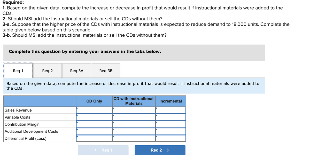 Required:
1. Based on the given data, compute the increase or decrease in profit that would result if instructional materials were added to the
CDs.
2. Should MSI add the instructional materials or sell the CDs without them?
3-a. Suppose that the higher price of the CDs with instructional materials is expected to reduce demand to 18,000 units. Complete the
table given below based on this scenario.
3-b. Should MSI add the instructional materials or sell the CDs without them?
Complete this question by entering your answers in the tabs below.
1
Req 2
Sales Revenue
Variable Costs
Req 3A
Based on the given data, compute the increase or decrease in profit that would result if instructional materials were added to
the CDs.
Contribution Margin
Additional Development Costs
Differential Profit (Loss)
Req 3B
CD Only
< Req 1
CD with Instructional
Materials
Incremental
Req 2 >