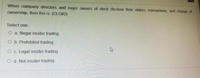 When company directors and major owners of stock disclose their stakes, transactions, and change of
ownership, then this is: (CLO#2)
Select one:
O a. Illegal insider trading
O b. Prohibited trading
O c. Legal insider trading
O d. Not insider trading