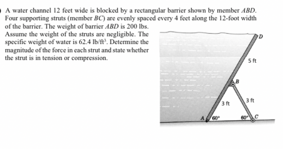 O A water channel 12 feet wide is blocked by a rectangular barrier shown by member ABD.
Four supporting struts (member BC) are evenly spaced every 4 feet along the 12-foot width
of the barrier. The weight of barrier ABD is 200 lbs.
Assume the weight of the struts are negligible. The
specific weight of water is 62.4 lb/ft³. Determine the
magnitude of the force in each strut and state whether
the strut is in tension or compression.
A
60°
3 ft
5 ft
3 ft
60°