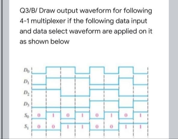 Q3/B/ Draw output waveform for following
4-1 multiplexer if the following data input
and data select waveform are applied on it
as shown below
Do
Dy
D2
Dy
So
TLEE
